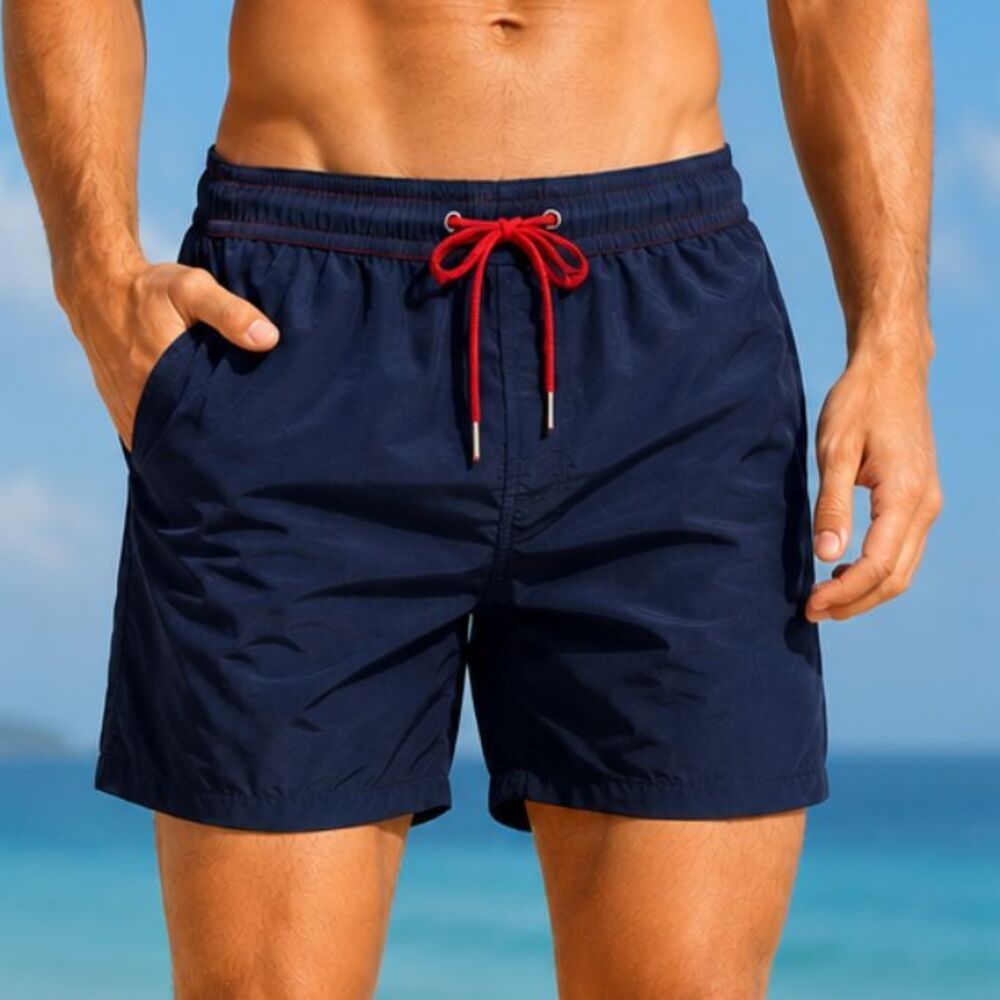 Men's Navy Blue Swim Trunks Red Drawstring Mesh Lined Board Shorts Size 36 NWT